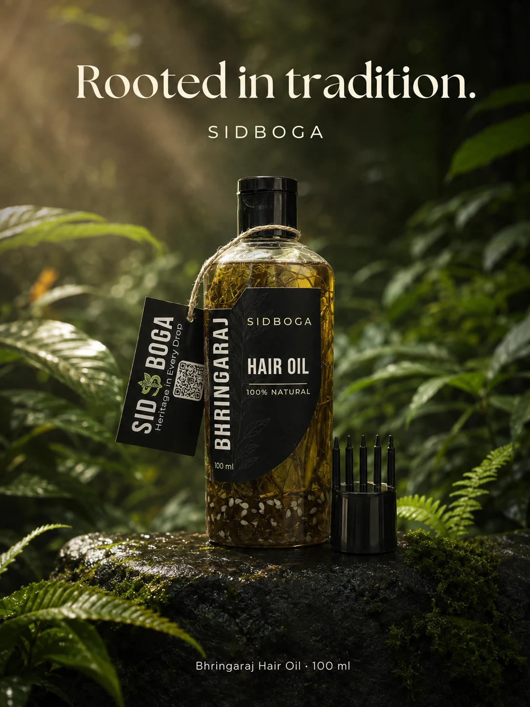 SidBoga Bhringaraj Hair Oil in a sunlit forest